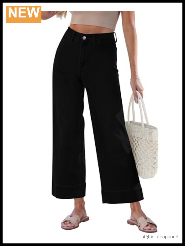 High Rise Wide Leg Cropped Jeans With Welt Pockets Distressed Stretchy Denim